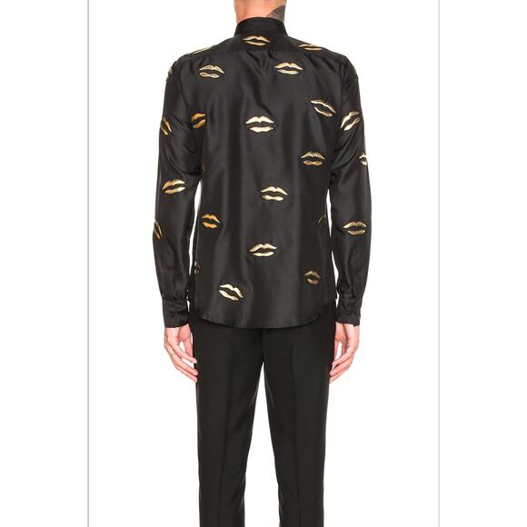 Givenchy Black with Gold Embroidery Lips Button Front Long Sleeve Shirt 38 / M - Picture 2 of 14